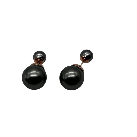 Double-Sided Rose Gold & Grey Bead Stud Earrings Modern Minimalist Jewelry - Picture 3 of 5